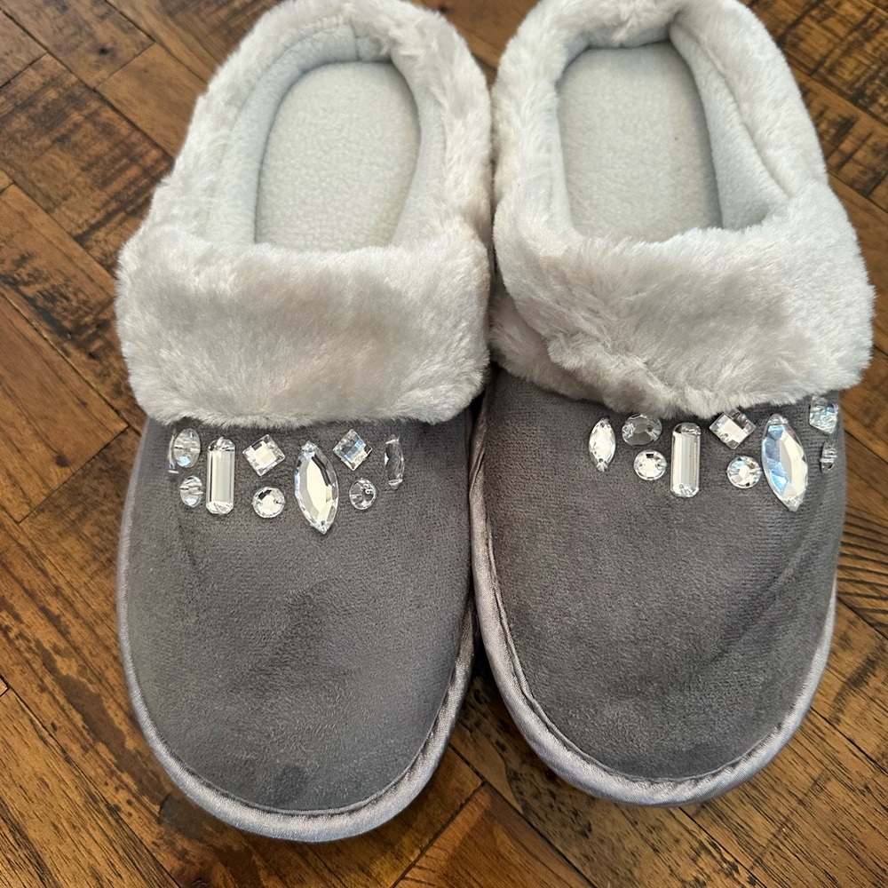 Avon Charcoal Slippers with Faux Fur and Gems